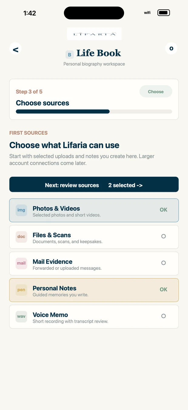 Lifaria source selection screen
